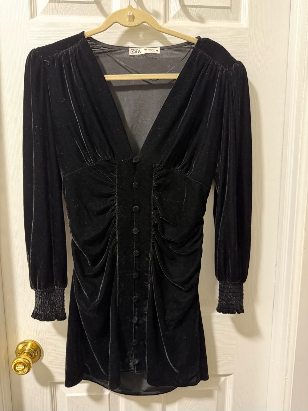 Zara Black Velvet Long Sleeve Ruched Button Dress